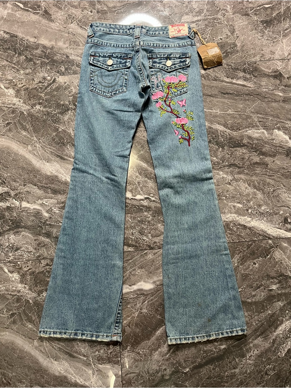 NWT True Religion Joey Big T Flare Jeans 27 Pink Floral Embroidered Made in USA